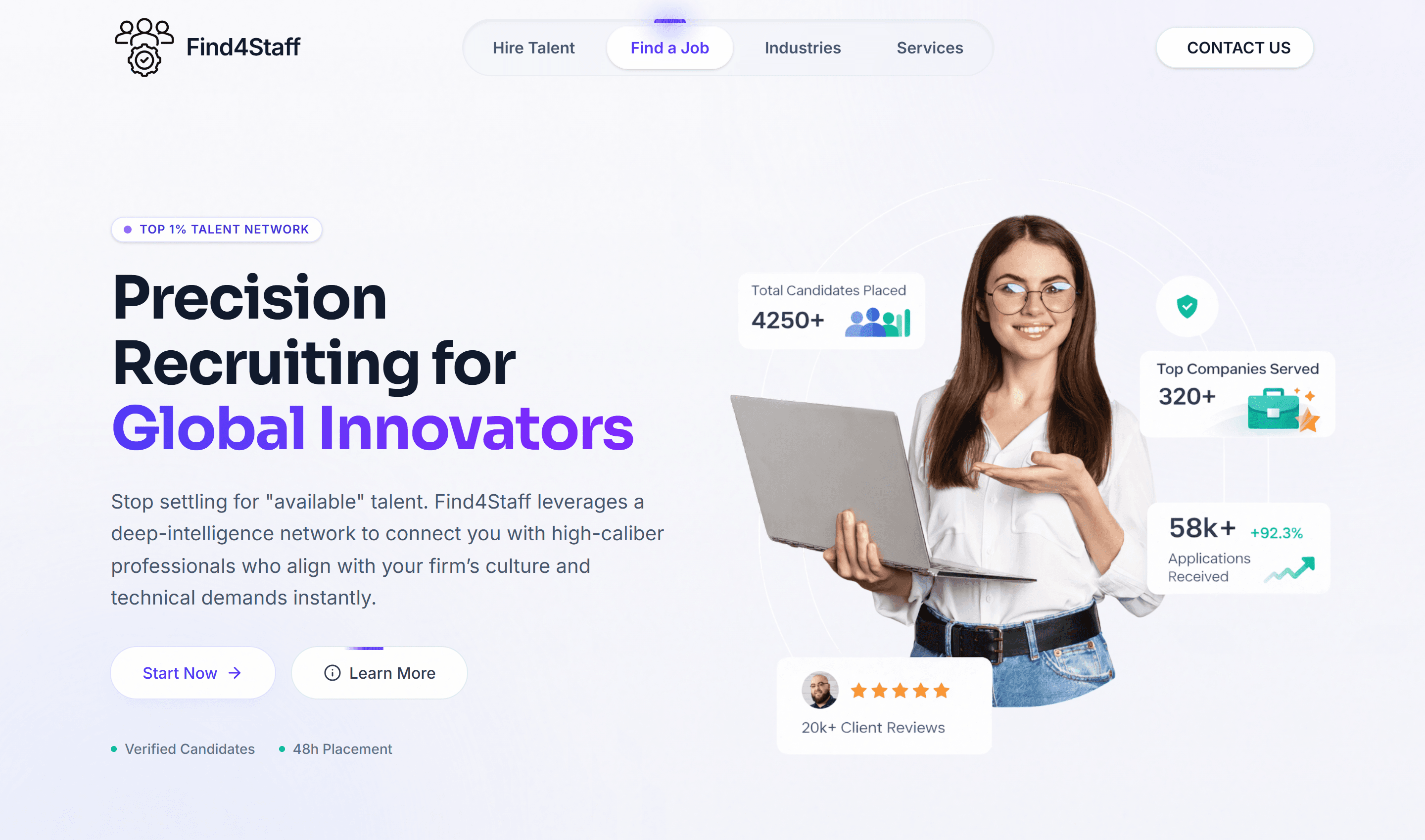 Find4Staff recruitment homepage hero with candidate and employer navigation
