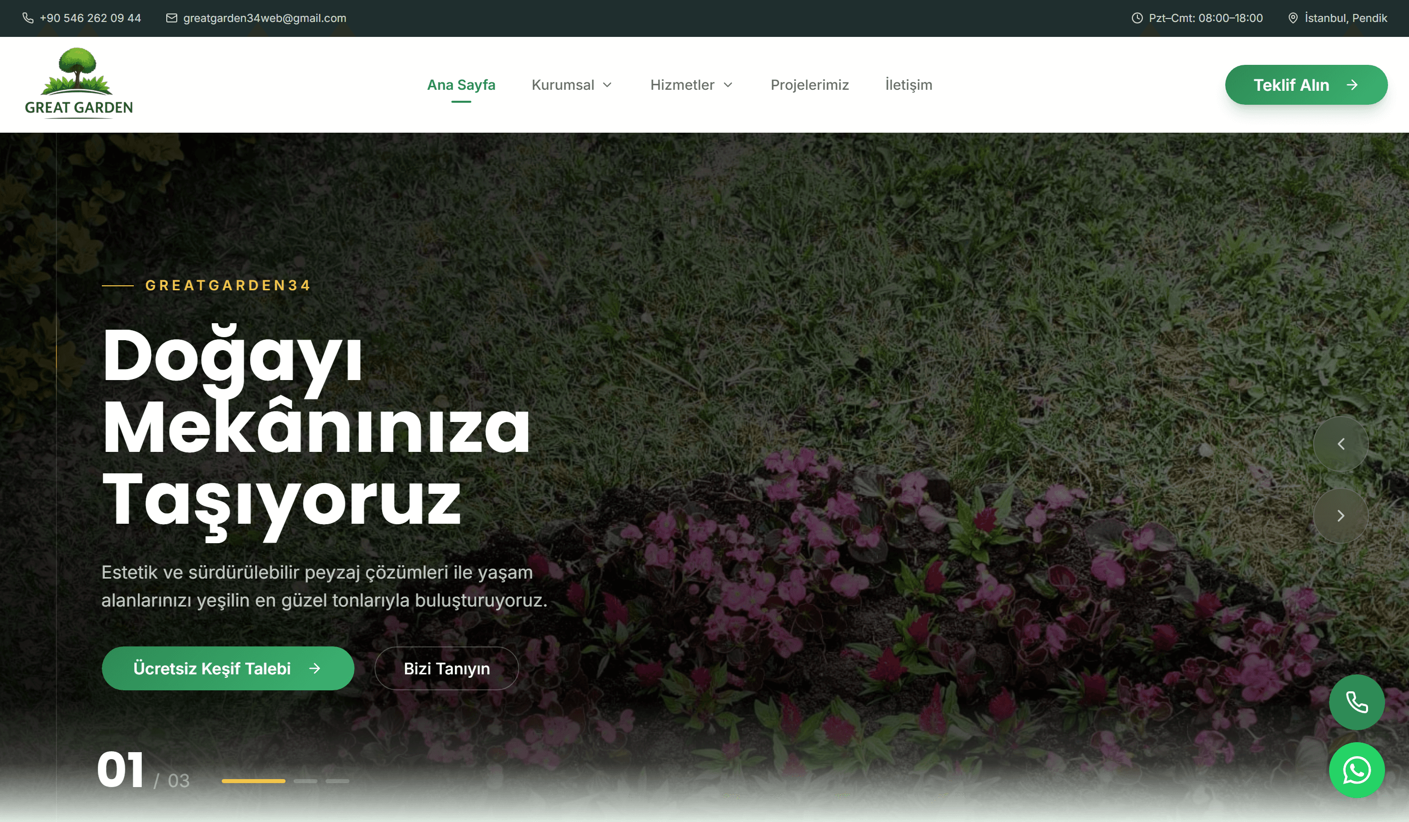 GreatGarden34 desktop homepage with garden imagery and landscaping enquiry links