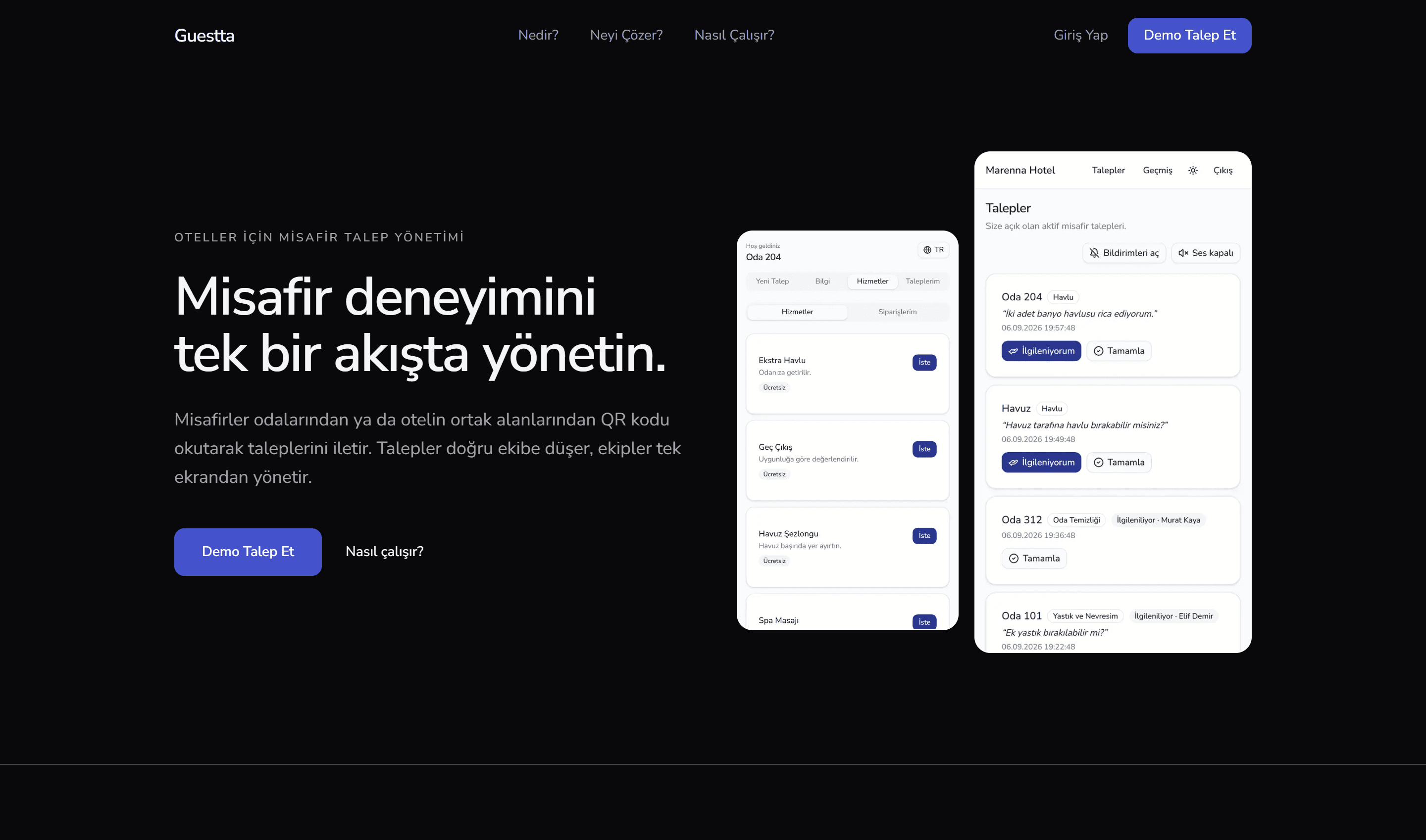 Guestta homepage introducing QR-based guest requests with guest and staff interface previews