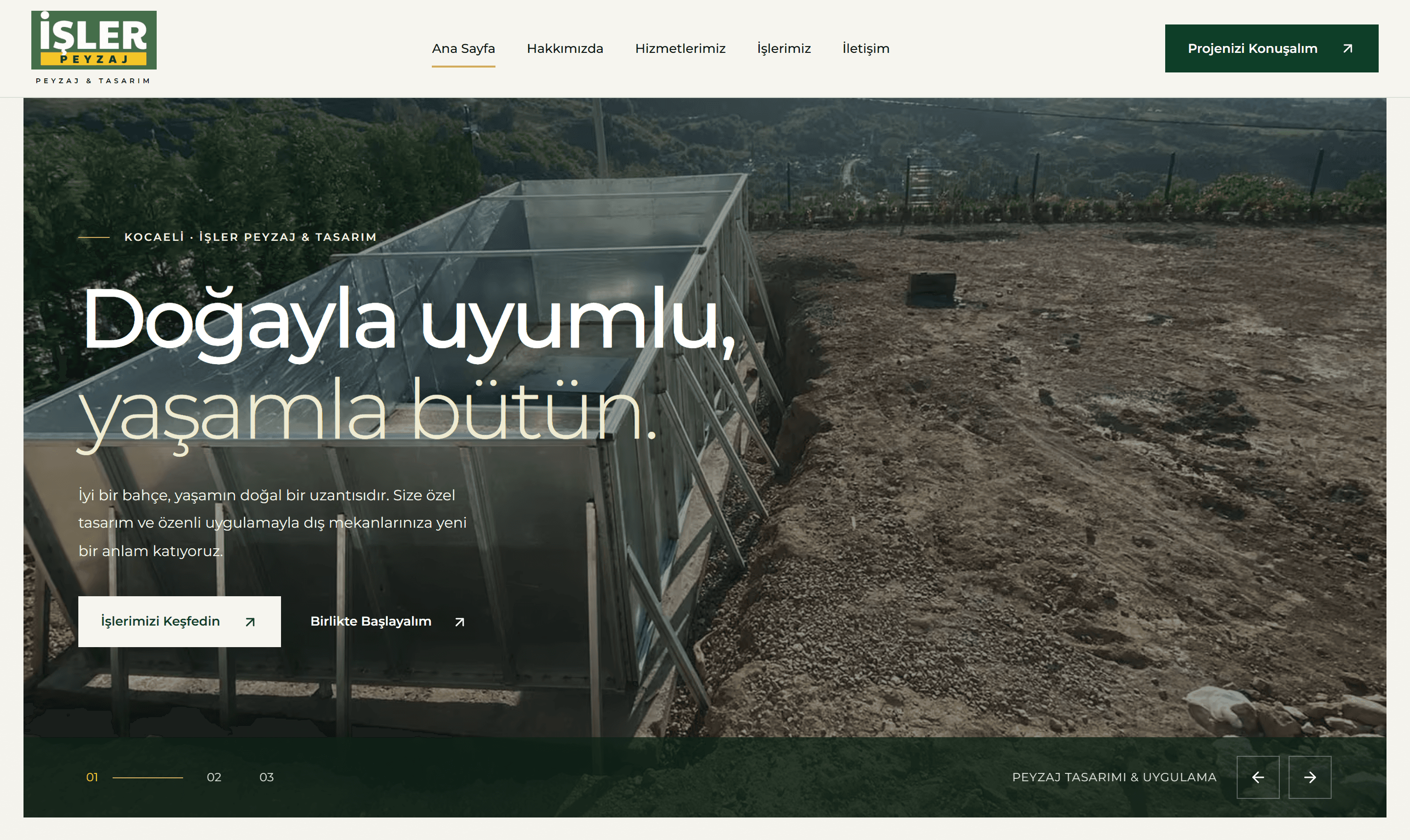 İşler Peyzaj & Tasarım desktop homepage with landscape imagery and project and enquiry links