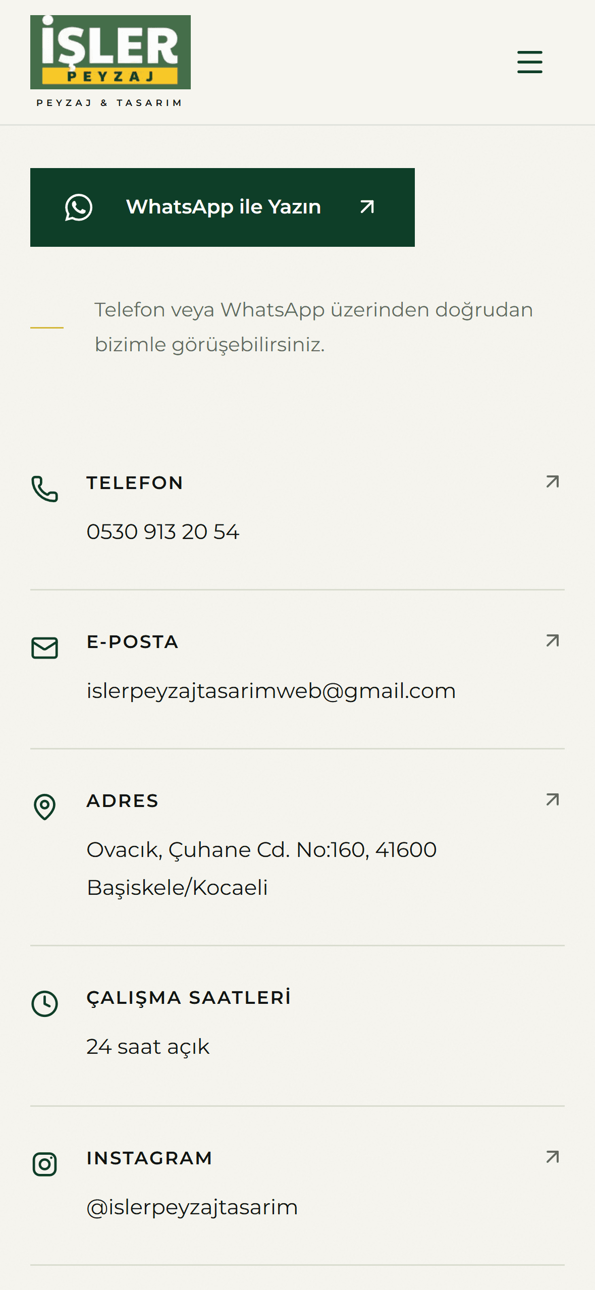 İşler Peyzaj & Tasarım mobile contact details with WhatsApp, telephone, email and Kocaeli address