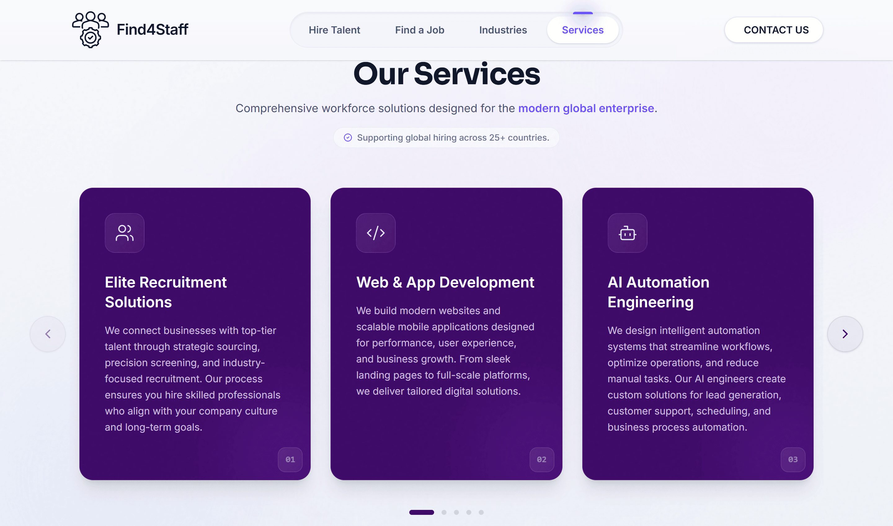 Find4Staff services covering recruitment, web and app development, and AI automation