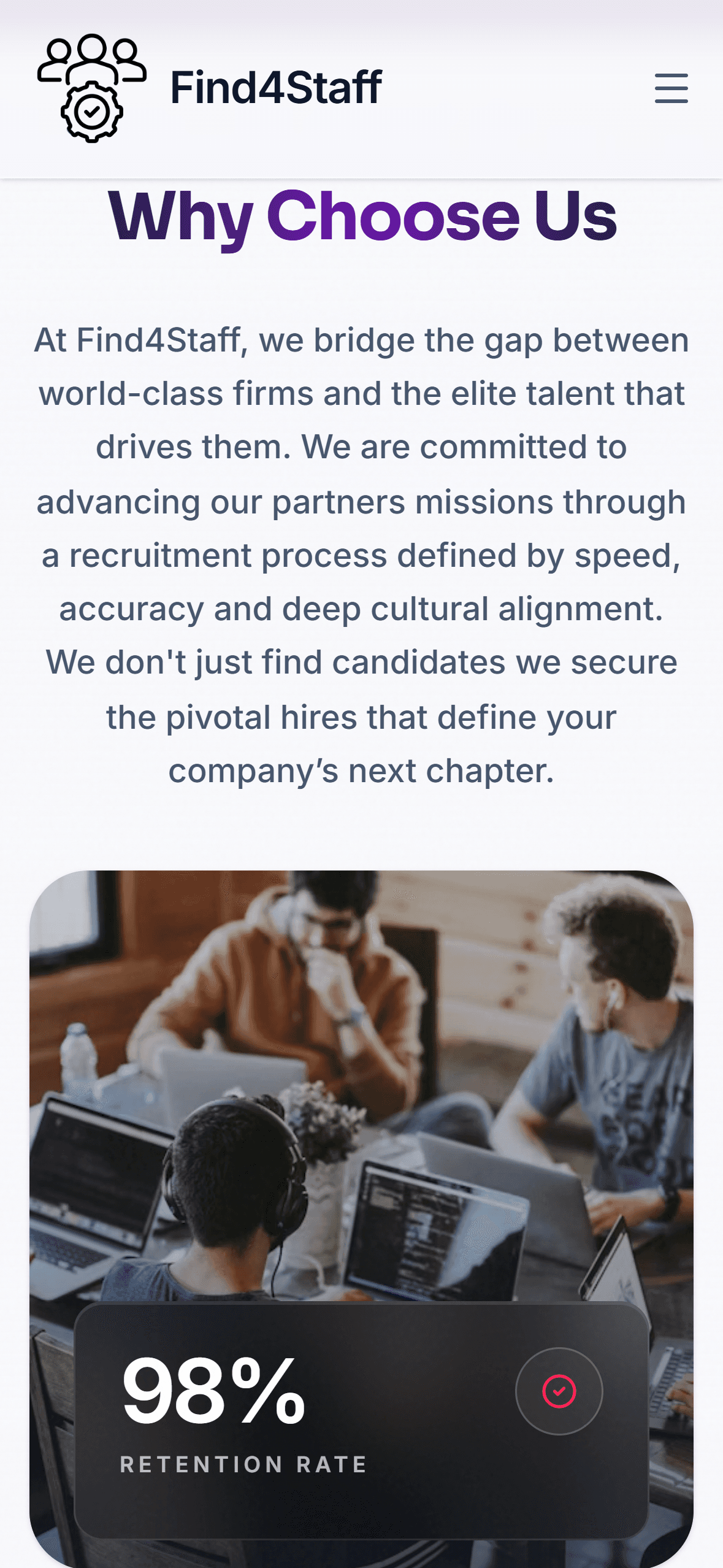 Find4Staff mobile Why Choose Us section with team imagery