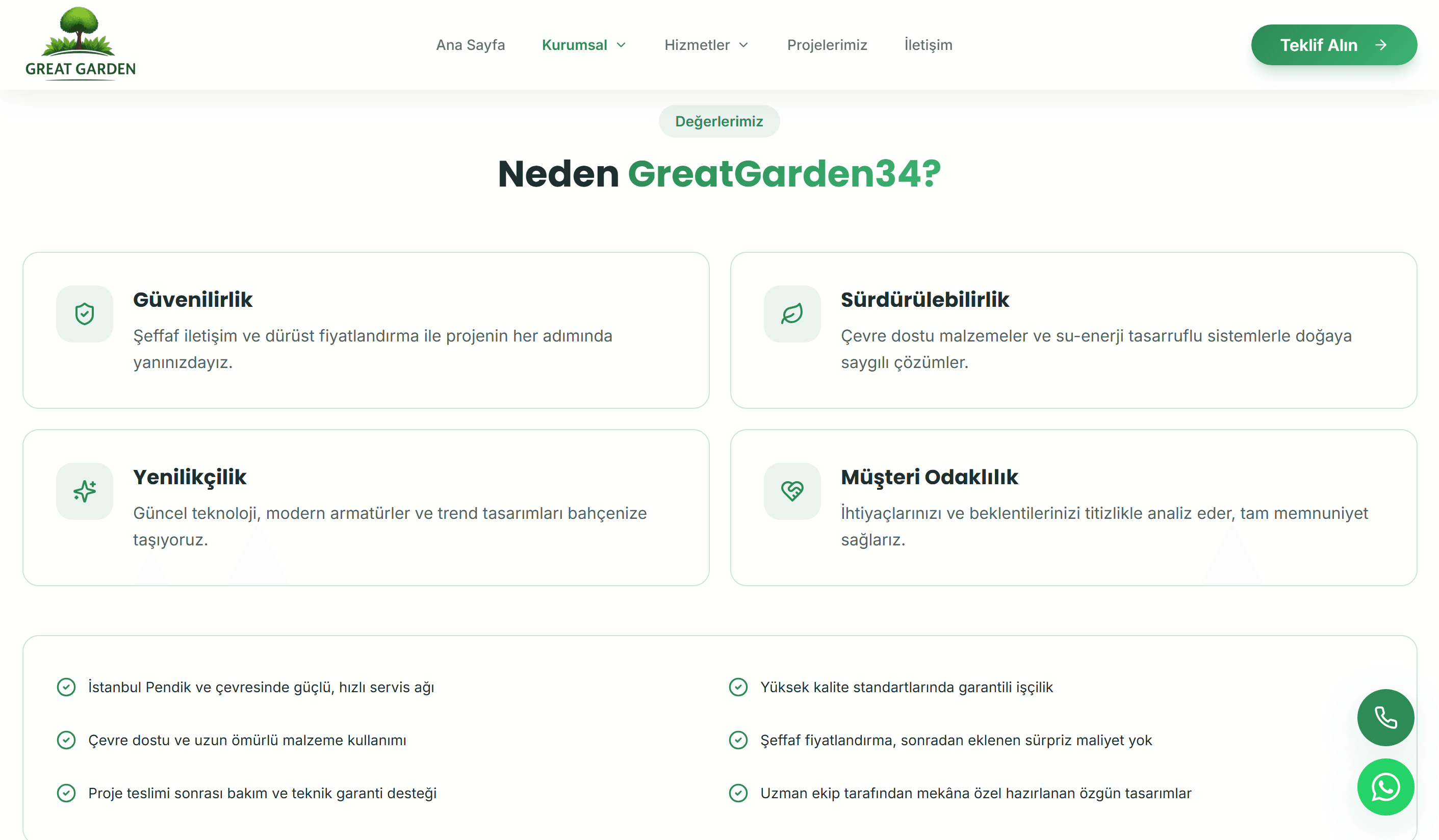 GreatGarden34 company values covering reliability, sustainability, innovation and customer focus