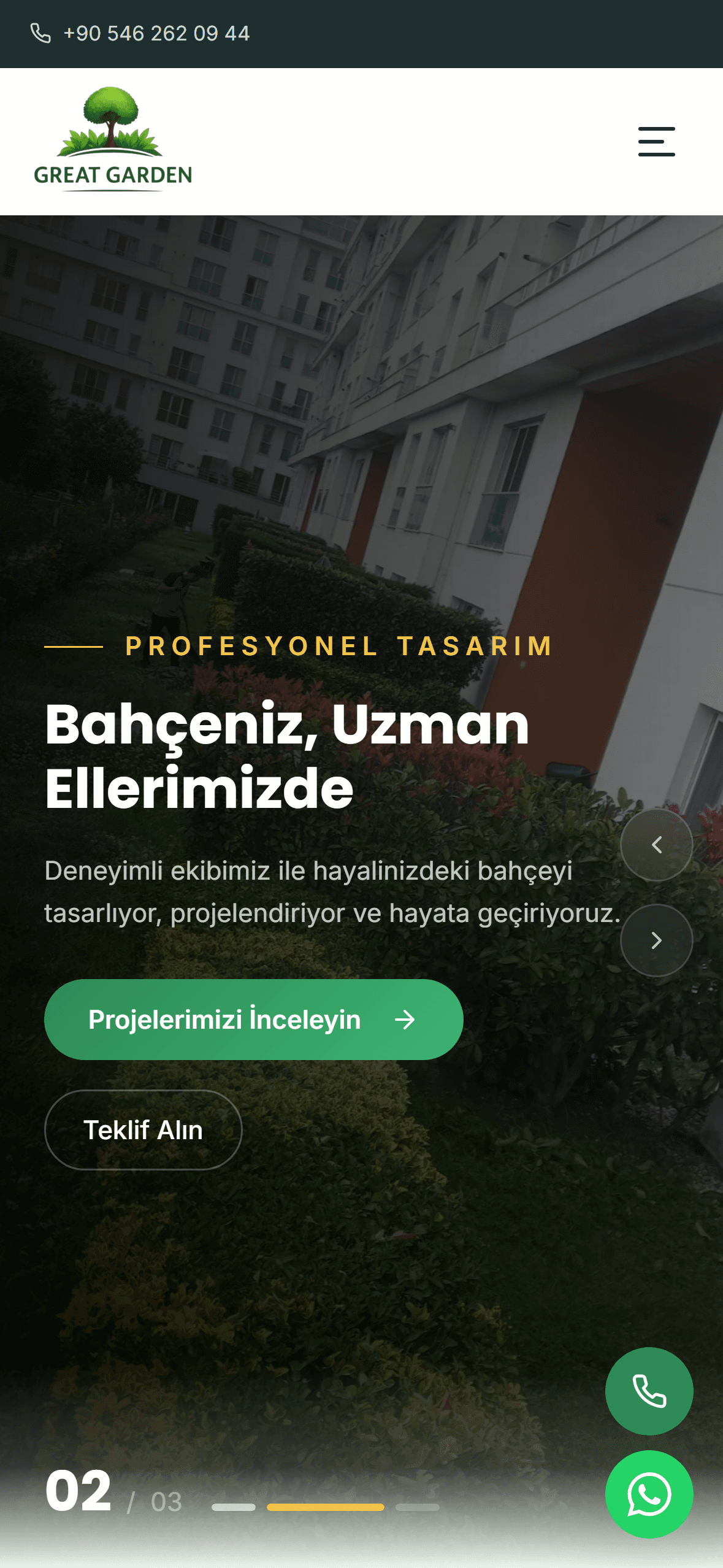 GreatGarden34 mobile homepage with garden design imagery and project and quotation links