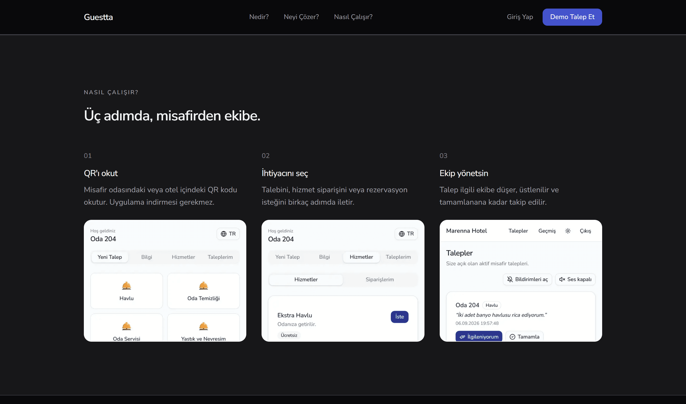 Guestta three-step QR request workflow with guest and staff interface previews