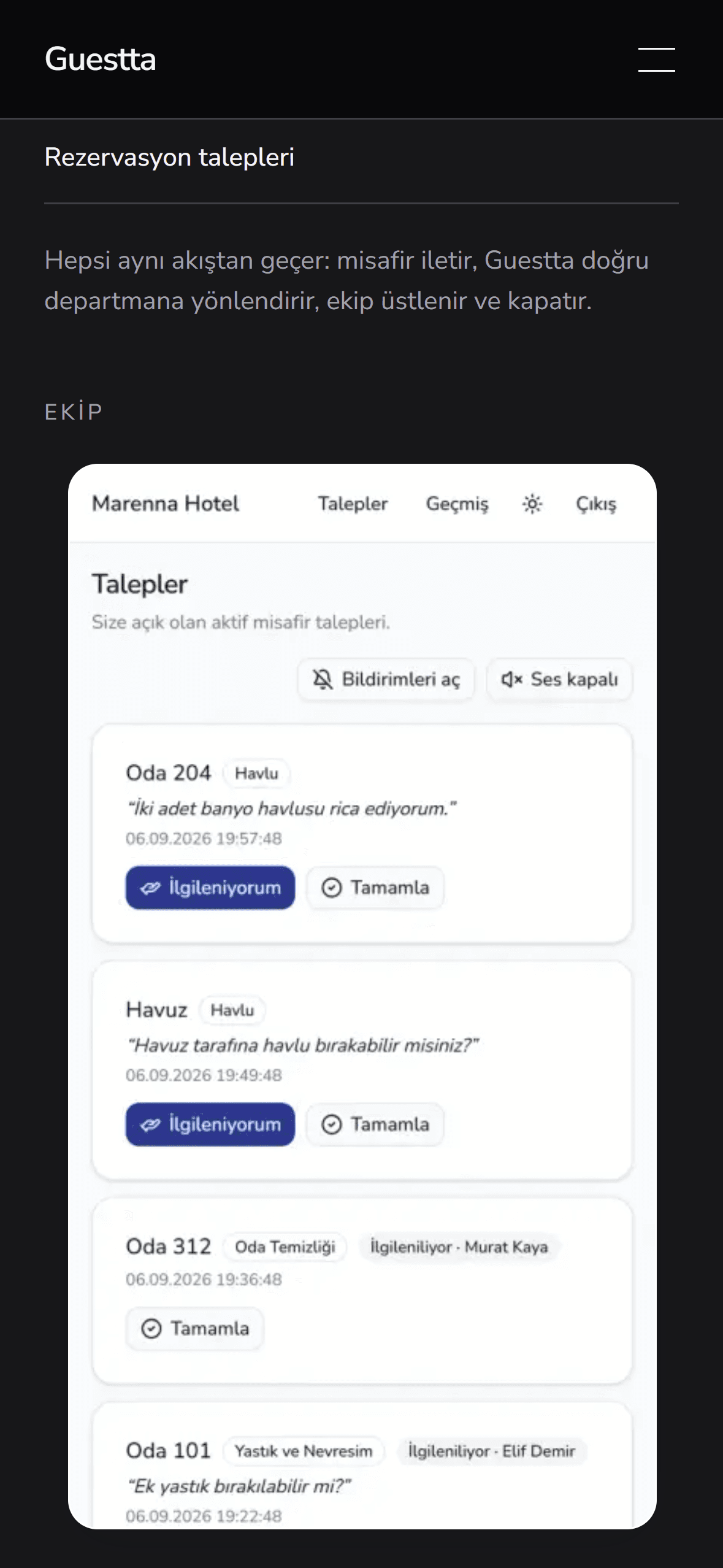 Guestta mobile staff request list with assignment and completion controls