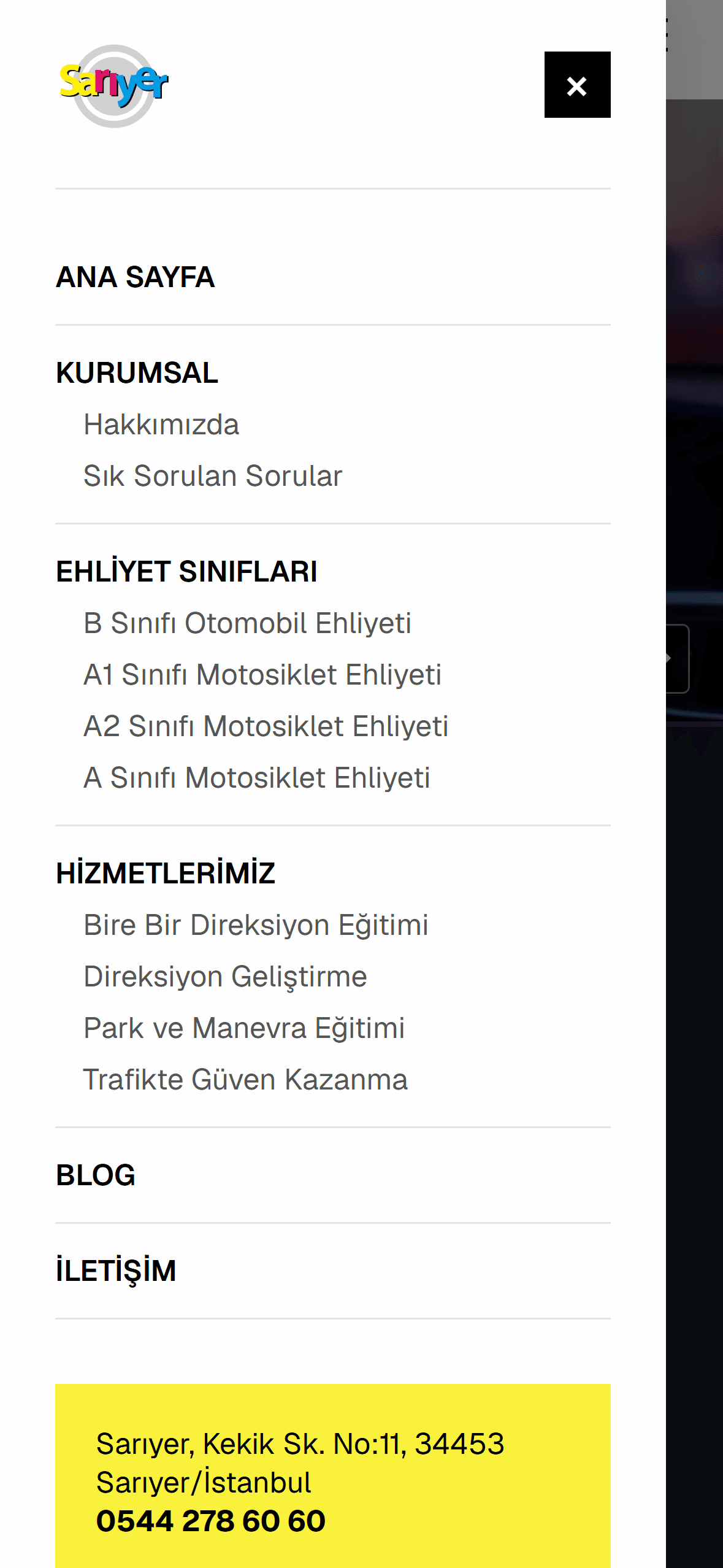 Sarıyer Sürücü Kursu mobile navigation with licence categories, services and contact details